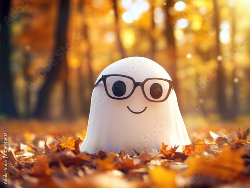 Playful ghost with glasses in autumn forest photo