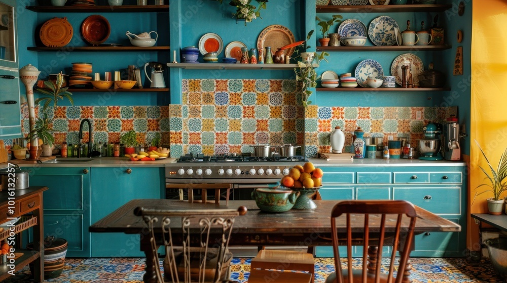 photograph of A vibrant, eclectic kitchen with colorful backsplash tiles, mismatched chairs, and open shelving displaying a collection of vintage cookware. photograph of A vibrant, eclectic kitchen with colorful backsplash tiles, mismatched chairs, and open shelving displaying a collection of vintage cookware.
