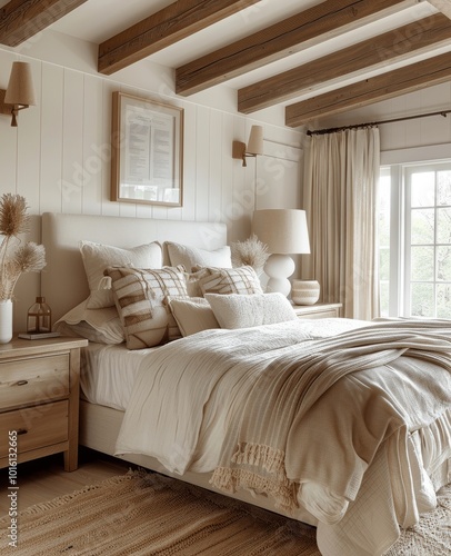 Modern farmhouse bedroom with light wood furniture, white walls, beam ceiling, beige bedding, and natural lighting.