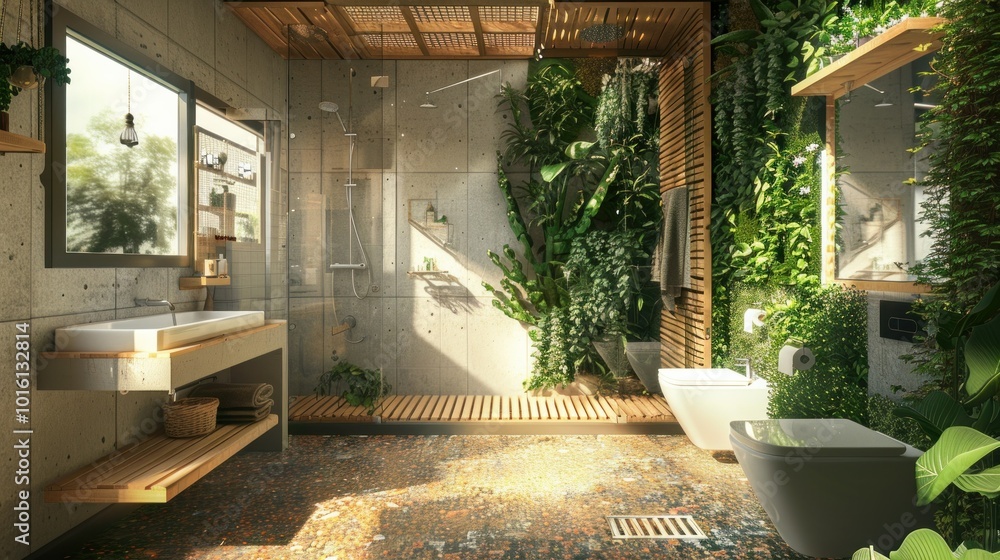 photograph of An eco-friendly bathroom with recycled materials, a ...