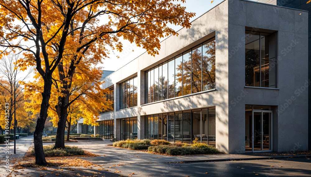 Modern Minimalist Office Building with Autumn Foliage in Urban Landscape Modern Minimalist Office Building with Autumn Foliage in Urban Landscape
