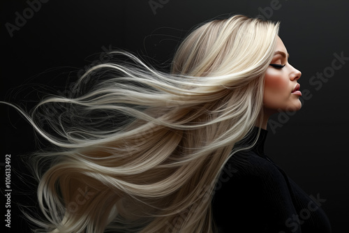 A woman with long blonde hair blowing in the wind