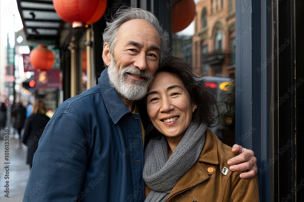 Cheerful senior couple standing in a street in New York. Cheerful senior couple standing in a street in New York.