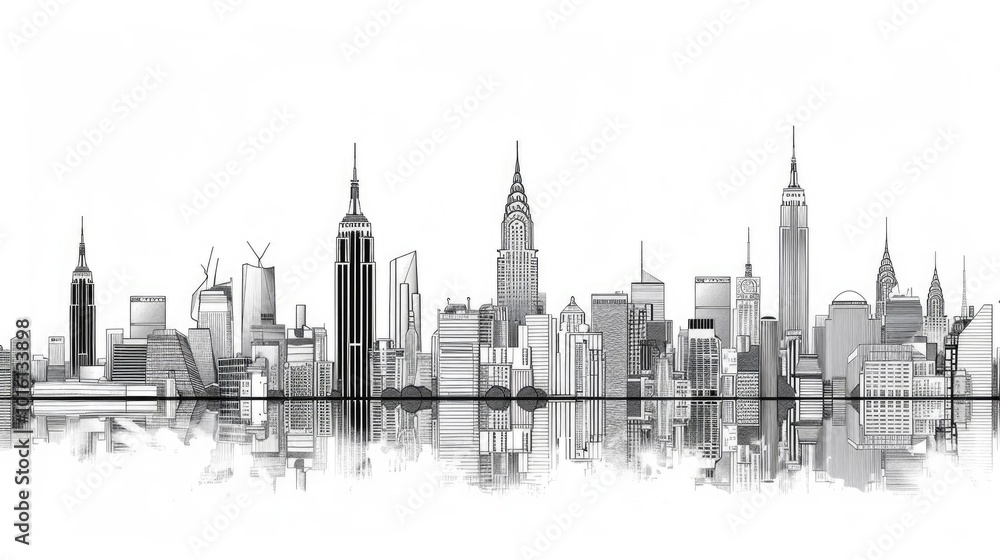 Fototapeta premium A detailed black and white illustration of a city skyline showcasing iconic skyscrapers and architectural beauty.