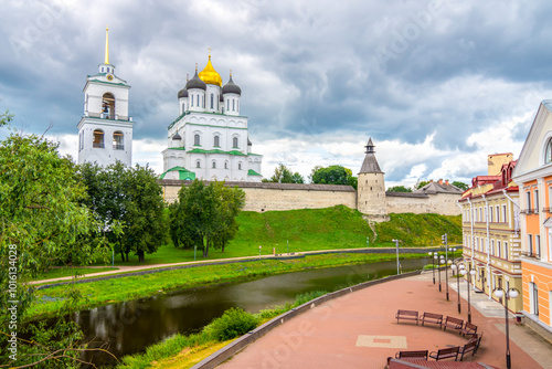 View of the Pskov Kremlin (Krom) and the confluence of the rivers Pskov and Velikaya, Pskov, Russia photo