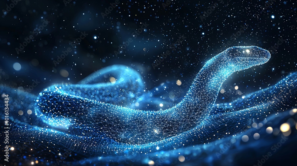 This artwork shows a digital snake formed by a lattice of stars and light waves, traversing a digital realm filled with glowing particles in space. This artwork shows a digital snake formed by a lattice of stars and light waves, traversing a digital realm filled with glowing particles in space.