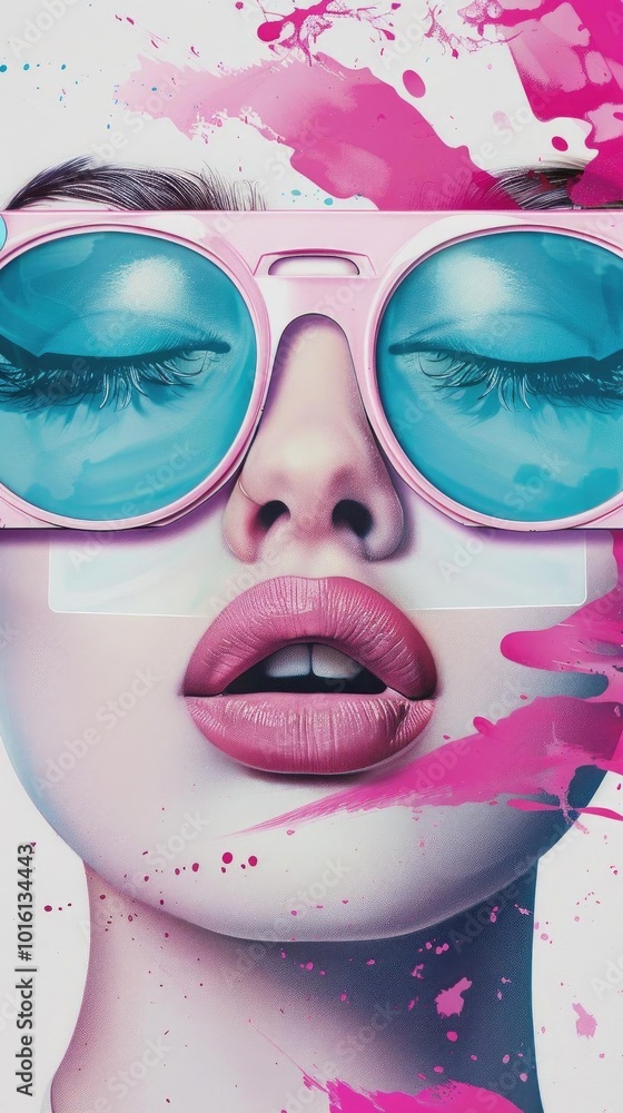 Fototapeta premium A vibrant portrait of a woman with bold makeup and colorful sunglasses, showcasing creativity and modern art aesthetics.