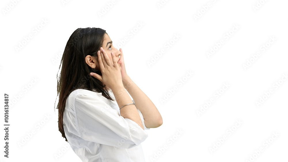 A woman, close-up, on a white background, thinks