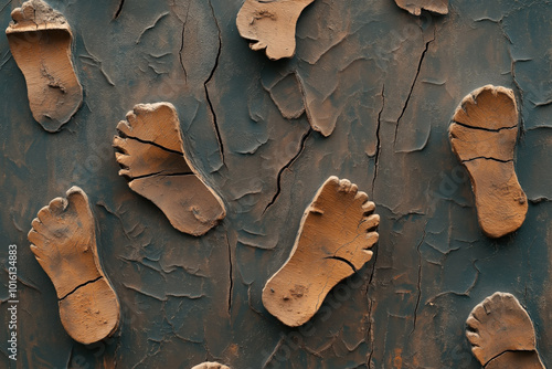 Abstract artwork featuring cracked clay foot imprints on a textured surface, creating a rustic and earthy appearance with varying depth and detail.