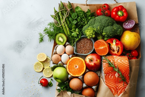 Healthy food in paper bag with fruits, vegetables, fish, and groceries on white background. Top view of fresh and organic food for healthy eating photo