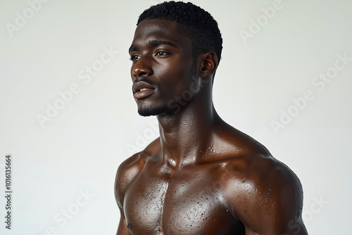 A shirtless black man with no shirt is posing for a picture