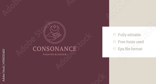 Esoteric witch hand with crescent and star line art logo design template vector illustration. Mythology sacred female skin care minimalist linear logotype for spa cosmetology cosmetic brand