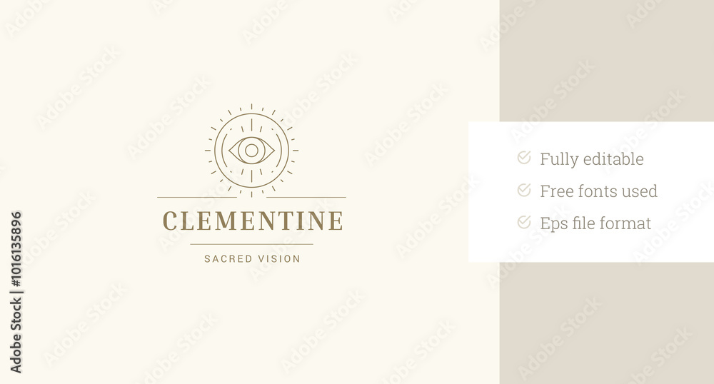 Fototapeta premium Esoteric all seeing eye line art logo design template for makeup artist vector illustration. Mythology sacred wisdom vision golden minimalist linear logotype for yoga spa wellness meditation