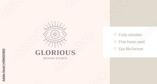 Spiritual all seeing eye magic occult line art logo design template vector illustration. Mythology sacred vision eyesight minimalist linear logotype for skin care cosmetic cosmetology brand