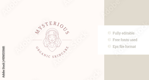 Beauty female portrait minimalist circle line art logo design template for coiffure vector illustration. Gentle glamour woman face with hands linear logotype for skin care natural cosmetic beautician