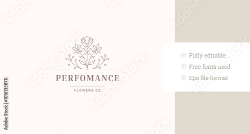Natural flower bouquet minimalist line art logo design template vector illustration. Organic beautiful blossom floral botany linear logotype for beautician cosmetic cosmetology spa relax salon