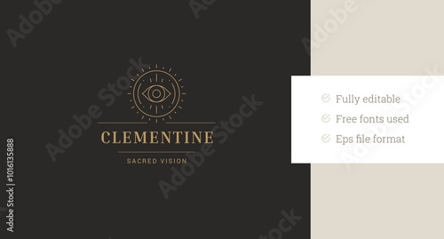 Sacred all seeing eye magic vision luxury line art logo design template vector illustration. Mythology sight esoteric golden minimalist linear logotype for beauty salon fashion stylist brand
