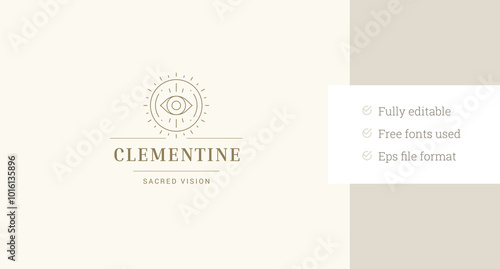 Esoteric all seeing eye line art logo design template for makeup artist vector illustration. Mythology sacred wisdom vision golden minimalist linear logotype for yoga spa wellness meditation