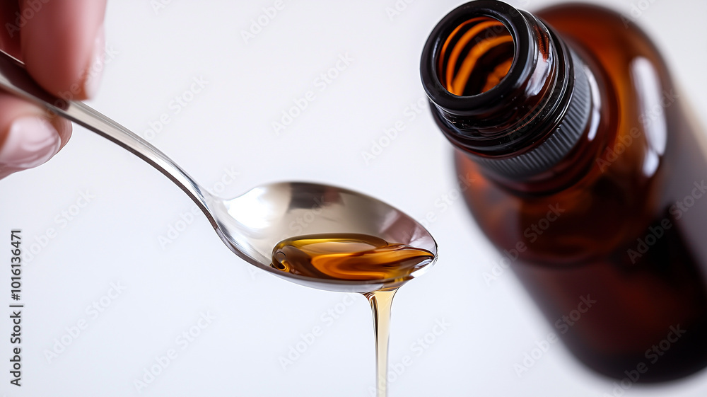 Woman Pouring Cough Syrup into Stainless Steel Spoon. Woman Pouring Cough Syrup into Stainless Steel Spoon.