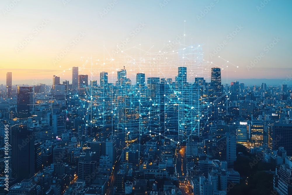 Obraz premium A city skyline is shown in a blue and white color scheme, with the buildings