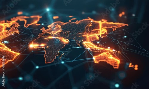 Illuminated Global Network and Connectivity on Dark World Map Background   Digital Data Technology and Futuristic Concept