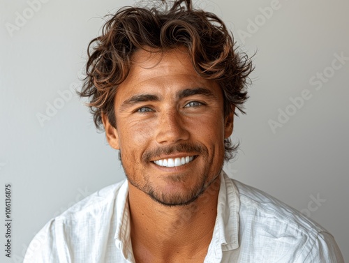 Closeup Portrait of Handsome Man Smiling with Perfect Teeth for Dental Ad on White Background