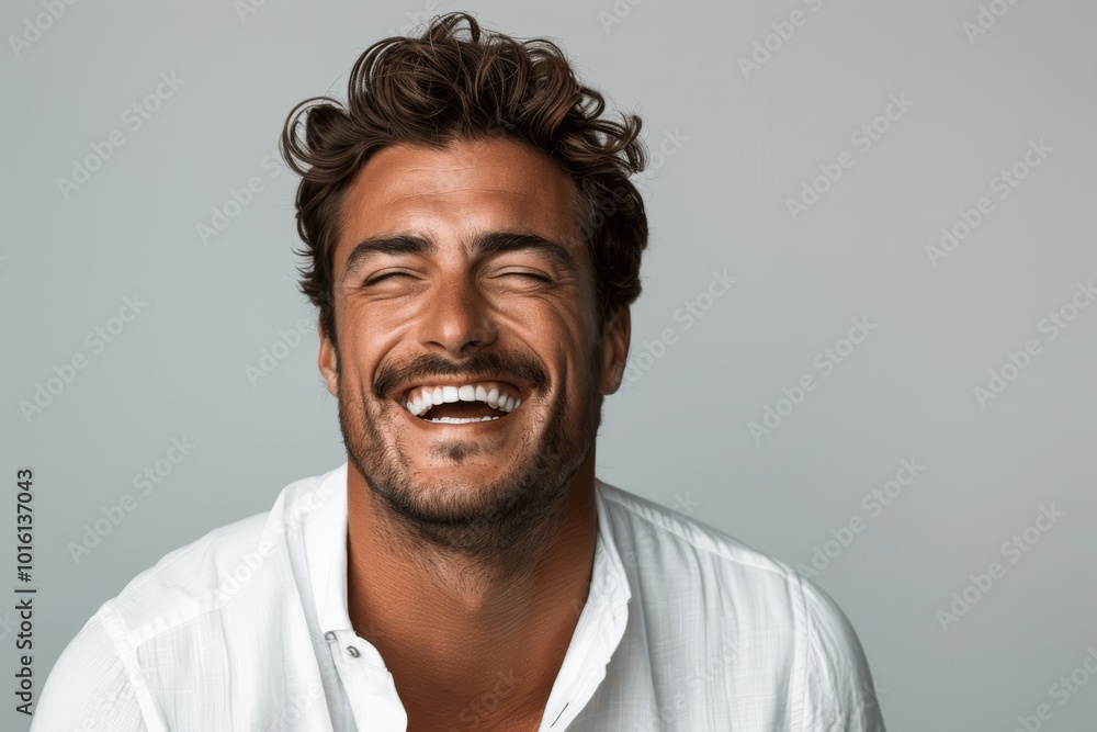 professional portrait of handsome young man laughing in white shirt ...