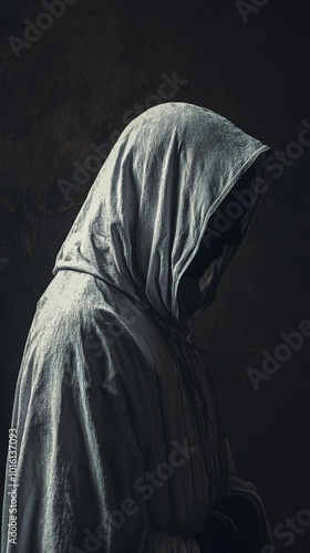 This image features a mysterious hooded figure in soft, dim lighting, with the face completely in shadow. The dramatic side profile and minimalist details create a sense of enigma and contemplation.