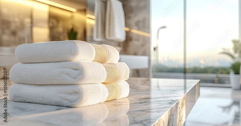 Neatly folded white towels on a marble countertop in a minimalist, luxurious bathroom with soft lighting and stylish decor Neatly folded white towels on a marble countertop in a minimalist, luxurious bathroom with soft lighting and stylish decor