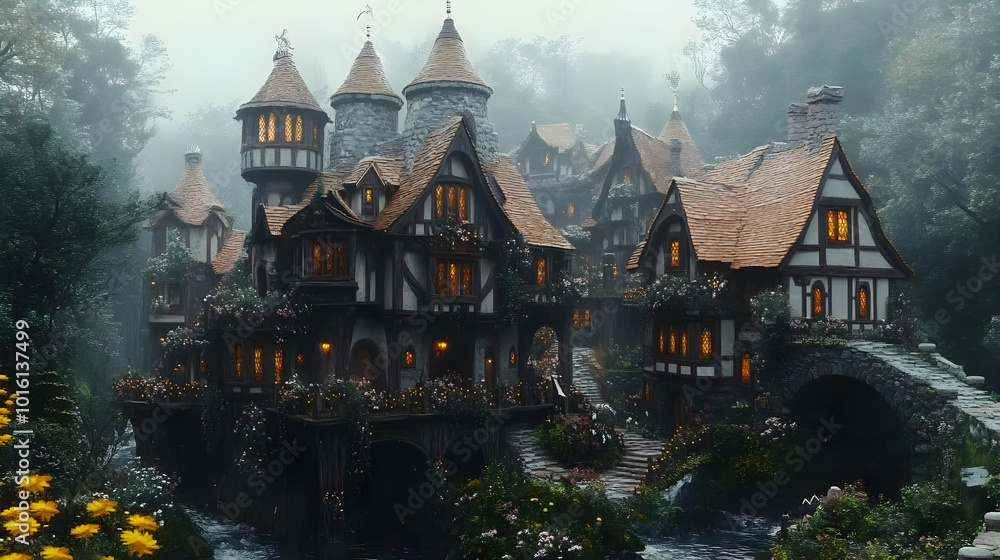 Obraz premium Enchanted Village in the Mist - 3D Illustration