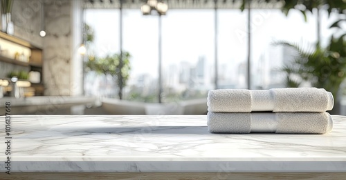 Blurred bathroom interior with a white marble table and a stack of towels on a blurred background, suitable for a product display montage