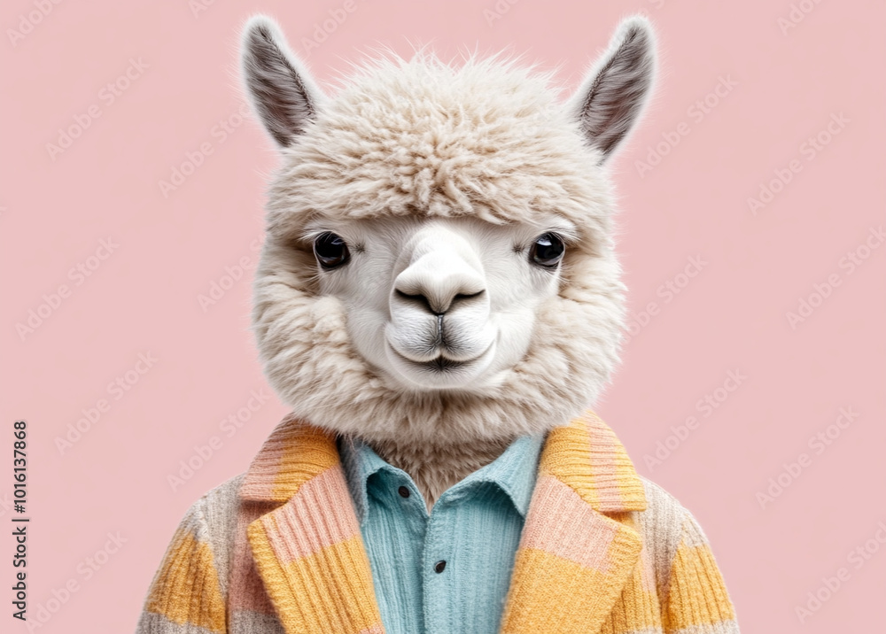 cute llama wearing colorful sweater against pink background, exuding charm and personality. This whimsical image captures playful essence of this adorable animal cute llama wearing colorful sweater against pink background, exuding charm and personality. This whimsical image captures playful essence of this adorable animal