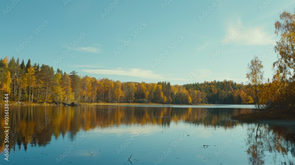 Tranquil waters of a reflective lake mirror the surrounding golden foliage, capturing the essence of a peaceful autumn day under a clear sky. Tranquil waters of a reflective lake mirror the surrounding golden foliage, capturing the essence of a peaceful autumn day under a clear sky.