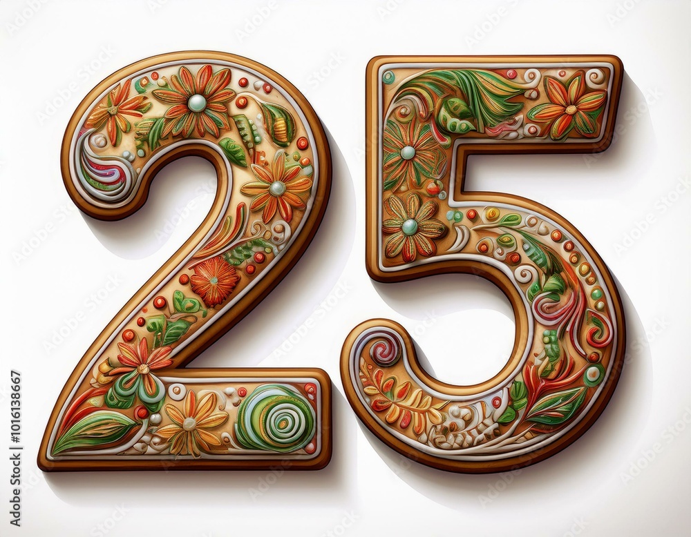 Decorated cookie, number 25, illustration for birthday or anniversary celebration Decorated cookie, number 25, illustration for birthday or anniversary celebration