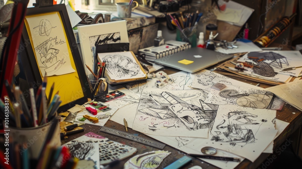 A bustling artist's workspace brims with sketches, tools, and vibrant creativity, capturing the essence of an artist's daily grind and imaginative burst. A bustling artist's workspace brims with sketches, tools, and vibrant creativity, capturing the essence of an artist's daily grind and imaginative burst.