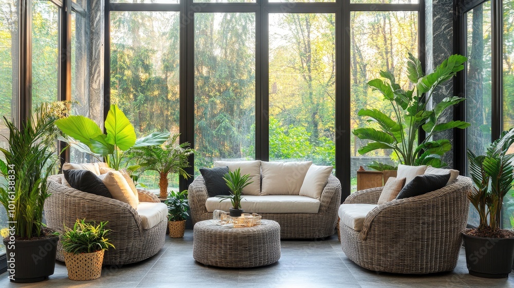 A captivating sun room with large glass windows A captivating sun room with large glass windows
