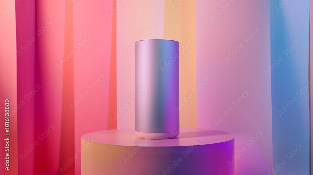 A cylindrical metallic object on a pink pedestal set against a vibrant geometric background, merging modernity with artistic flair. A cylindrical metallic object on a pink pedestal set against a vibrant geometric background, merging modernity with artistic flair.
