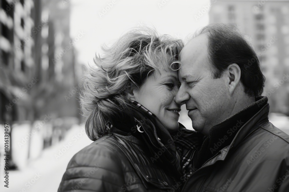 Portrait of a happy senior couple in the city. Black and white. Portrait of a happy senior couple in the city. Black and white.