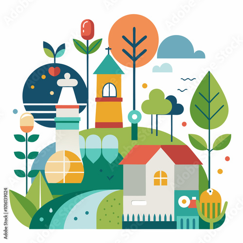 A colorful village illustration with houses, trees, and a river