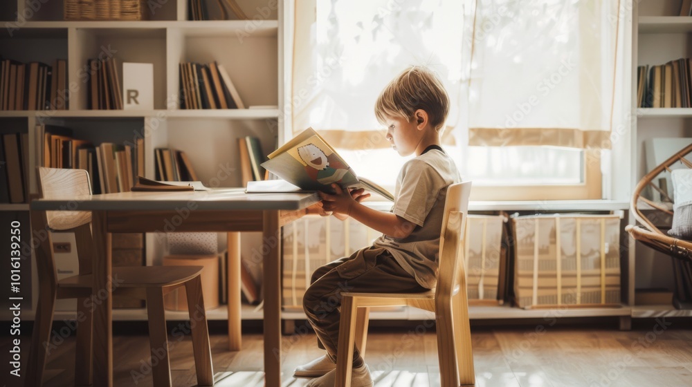 A young boy sits engrossed in a colorful book, sunlight streaming through the window, illuminating a serene library space. A young boy sits engrossed in a colorful book, sunlight streaming through the window, illuminating a serene library space.