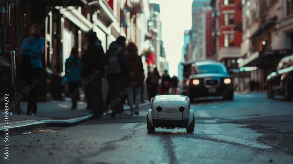 A delivery robot is seen from behind as it moves through an urban street, emphasizing technology amidst a busy life and towering city buildings. A delivery robot is seen from behind as it moves through an urban street, emphasizing technology amidst a busy life and towering city buildings.