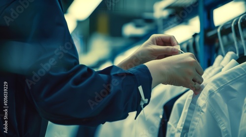 Close-up of hands adjusting shirts on hangers in a clothing store, capturing attention to detail and precision in a retail environment.