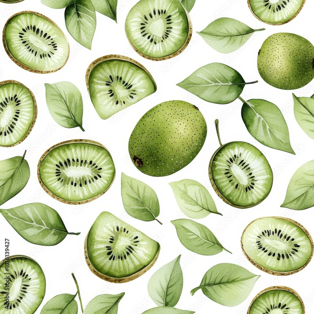 Fototapeta premium Watercolor seamless pattern of kiwi fruits, isolated on a white background.