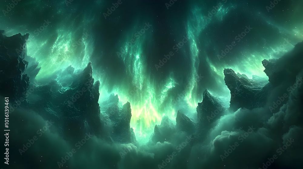 Fototapeta premium Abstract Nebula Background - Green Glowing Clouds in Space