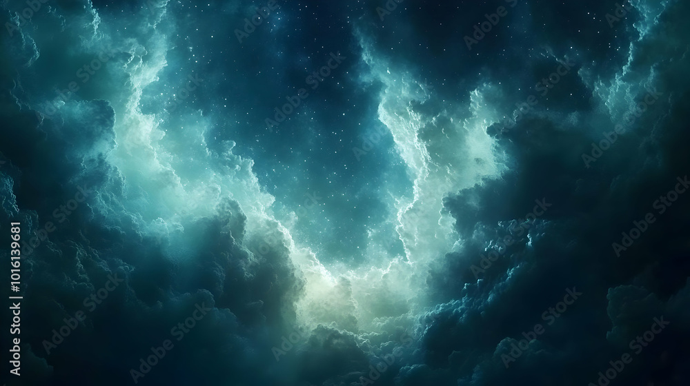 Fototapeta premium Dark Blue Abstract Background with White Stars and Light Blue Clouds