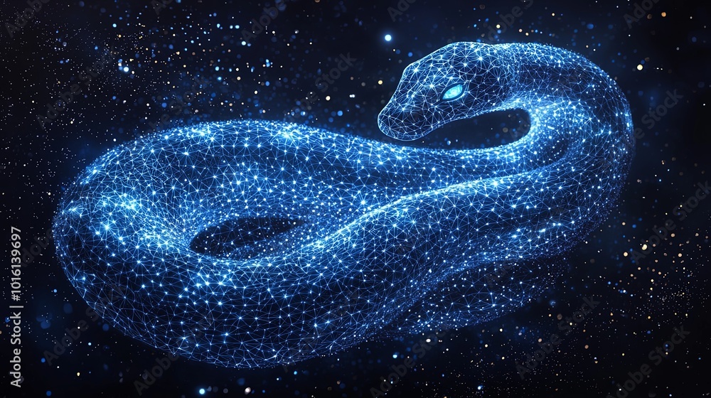 A digital snake, glowing with a mesh of stars and light, depicted against a backdrop of a starry universe, highlighting technology and mystery. A digital snake, glowing with a mesh of stars and light, depicted against a backdrop of a starry universe, highlighting technology and mystery.