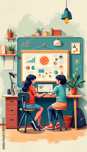 a poster of two children working on a computer with a chart showing a cartoon of a girl and a man 