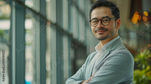 A cheerful man in smart attire stands by a row of windows, his confident smile matched by the inviting natural light.