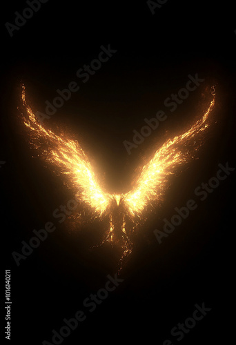 A stunning representation of phoenix with fiery wings, glowing in dark background. vibrant flames create captivating and powerful image, symbolizing rebirth and transformation