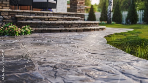 A serene garden path of textured stone leads to a quaint staircase, embraced by lush greenery, inviting tranquility and a hint of rustic charm.